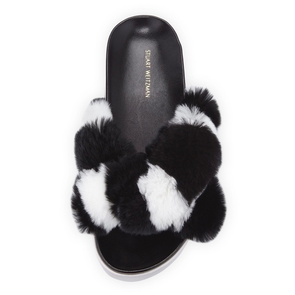 Stuart Weitzman Sublime Rex Rabbit Fur Slide Sandal Sz 41 In Black/White - Picture 2 of 12